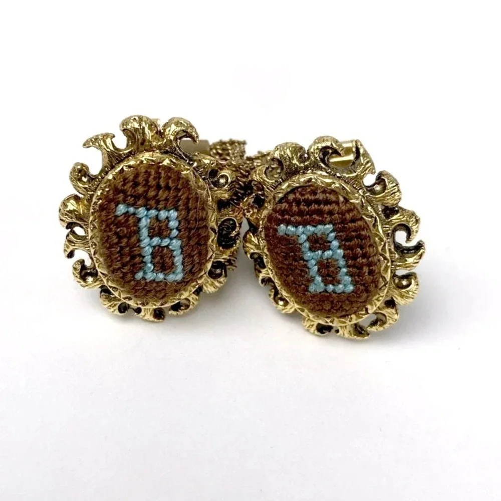 Vintage‎ Estate Mesh Wrap Shirt Gold Cufflinks Pat.2920363 fabric initial B